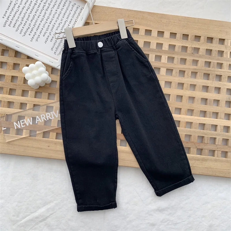 2-7Y New Autumn Casual Pants Solid Color Elastic Waist Pants with Side Pockets for Boys Girls Cotton Trousers Daily
