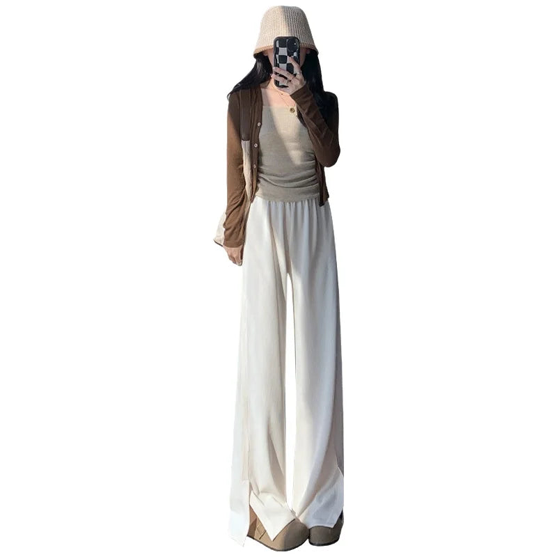Women's High Waist Wide Leg Knitted Pants - Side Split Casual Long