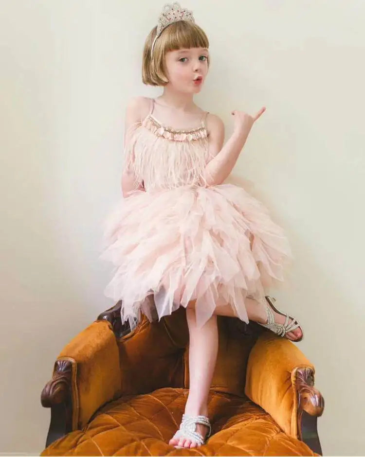 High-end Girls Tutu Dress 2026 New Summer Kids Sequin Flower Feather Slip Dresses Little Girls Princess Performance Dress