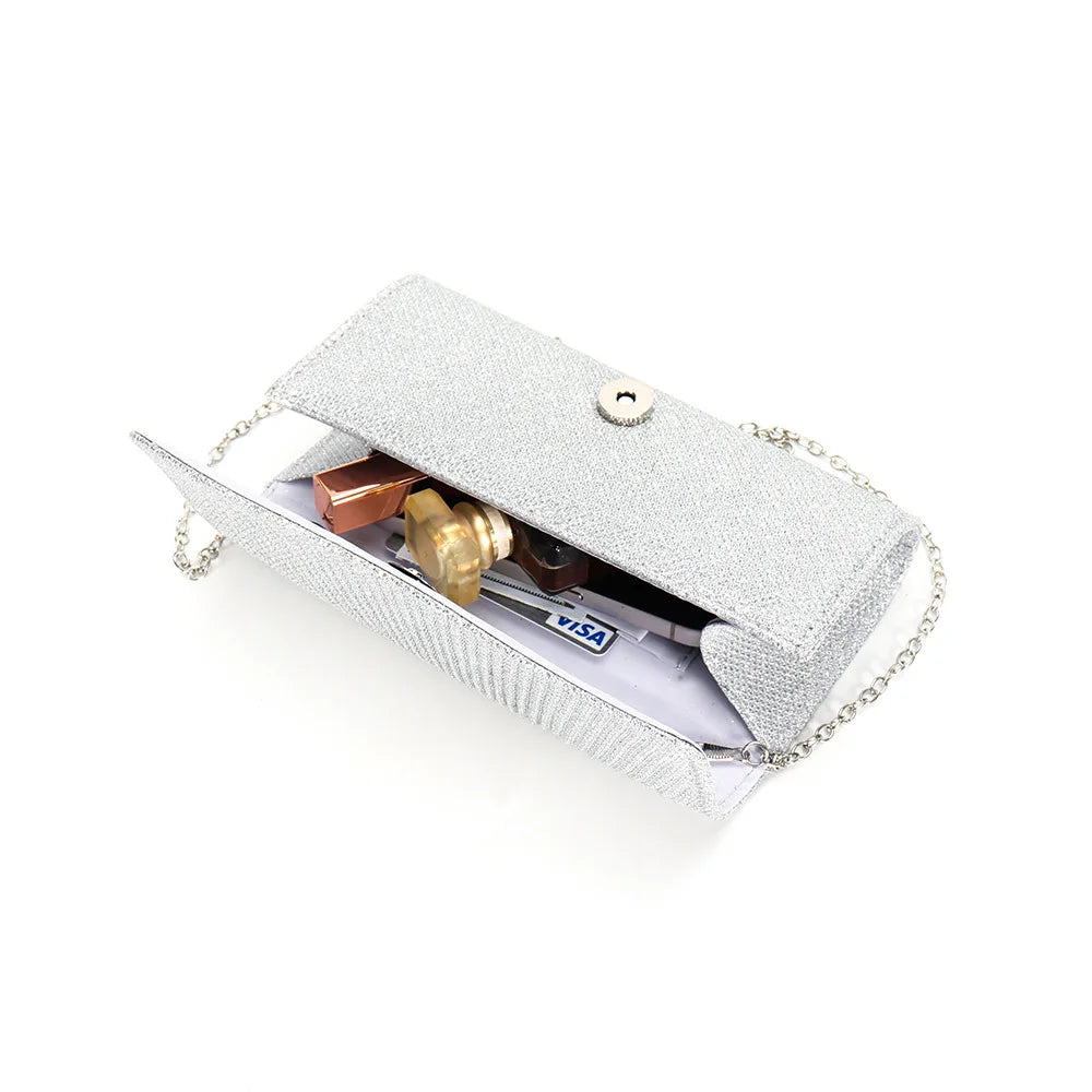 2026 New Women Fold Glitter Handbag Shiny Envelope Evening Bag Ladies Pleated Silver Clutch Chain Wedding Party Mini Long Purse