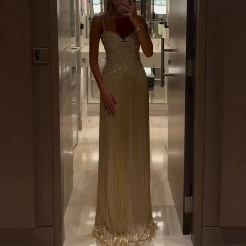 Fashion Backless Slim Fit Evening Gown Shiny Sequined High Waist Women Long Dress Sexy Wrap Chest Sleeveless Hollow Tassel Dress