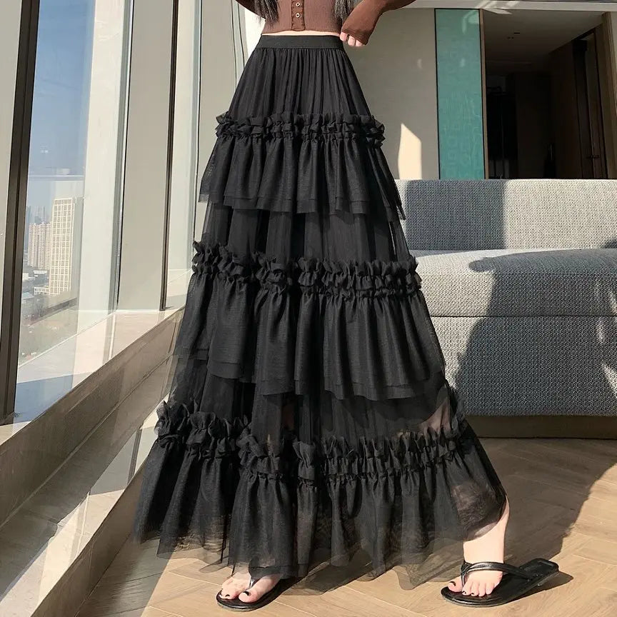 Qiukichonson Midi Long Skirt Women Patchwork Mesh Lolita Spring Summer High Waisted High Low Ruched Ruffles Ball Gown Skirt rok