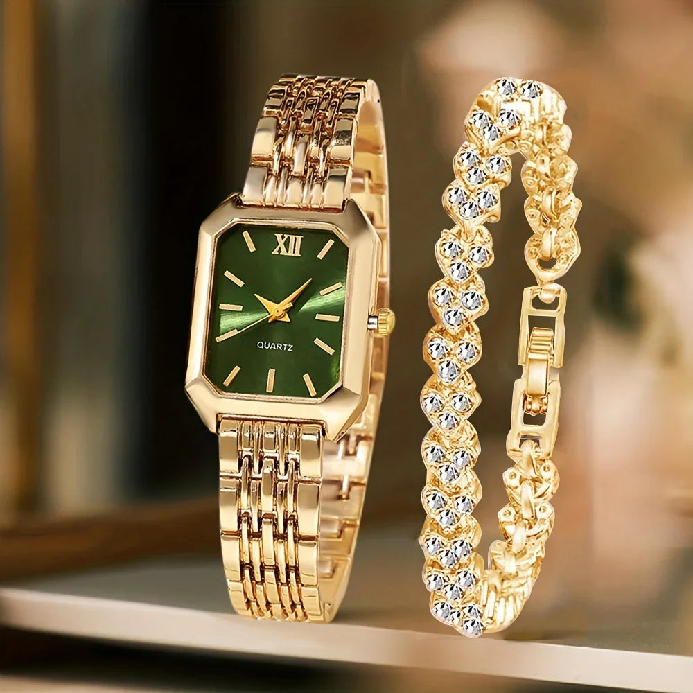 2PCS/Set Fashion Rectangle Women Quartz Watch Ladies Roma Dial Wristwatches Rhinestone Bracelet Set Reloj Mujer Girls Clock Gift