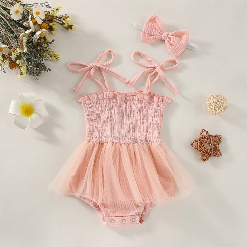 Summer Baby Romper Set Cotton Sleeveless Toddler Princess Tulle Dress Infant Girls Bodysuit Baby Jumpsuit And Headband