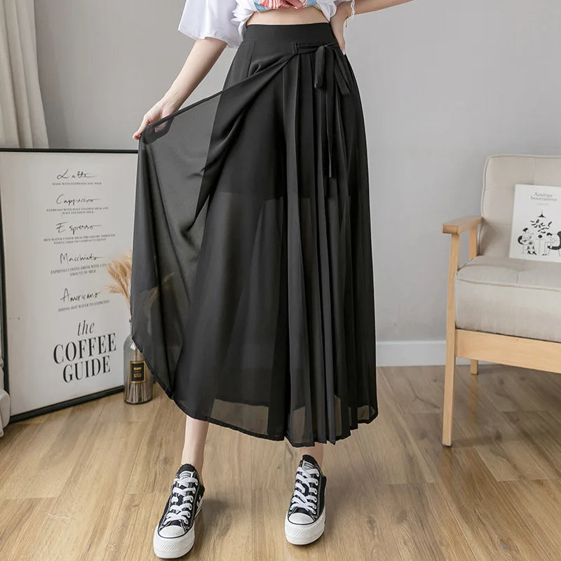 Summer Elastic Pleated Skirt Women Chiffon Trouser Skirt High Waist Casual Wide Leg Pants Fashion Streetwear Pants Pantalones