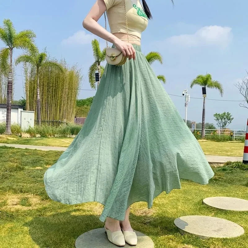 High Quality Cotton Linen Maxi Skirt Women Casual Elastic High Waist Pleated A-Line Beach Skirts Boho Saia Feminina Faldas Jupe