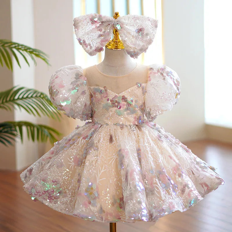 HETISO Children Evening Dresses Luxury Sequined Girls Birthday Party Fluffy Ball Gown Kids Tutu Wedding Formal Wear Gift