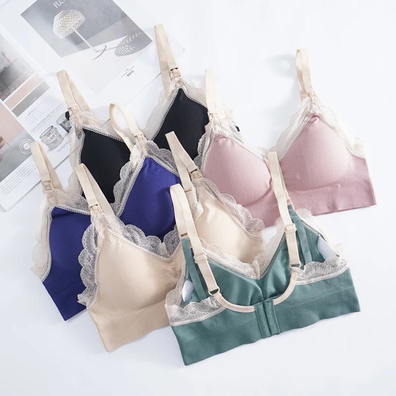 Plus Size Wireless Front Open Nursing Bra Soft Lace Breathable Seamless Maternity Breastfeeding Bras Maternal Support Pregnant