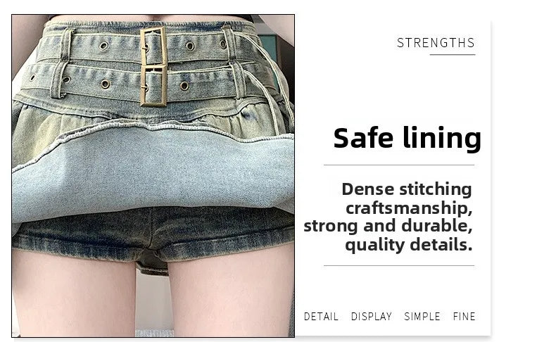 American Pure Desire Spicy Girl Design Elastic Denim Skirt Half-length Pleated Cake Skirt Short Commute High Elasticity
