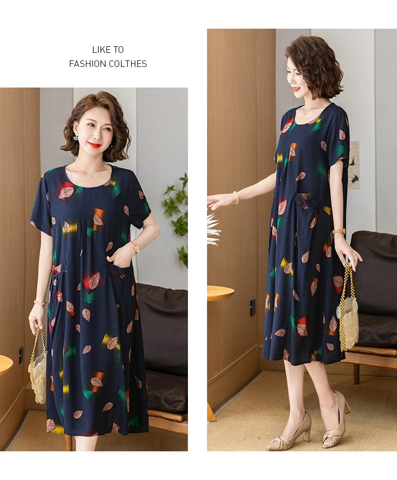 New 2025 Summer Dress Long Vintage Loose Women Elegant Sundress Dress Casual O-neck Dresses Print Plus Size