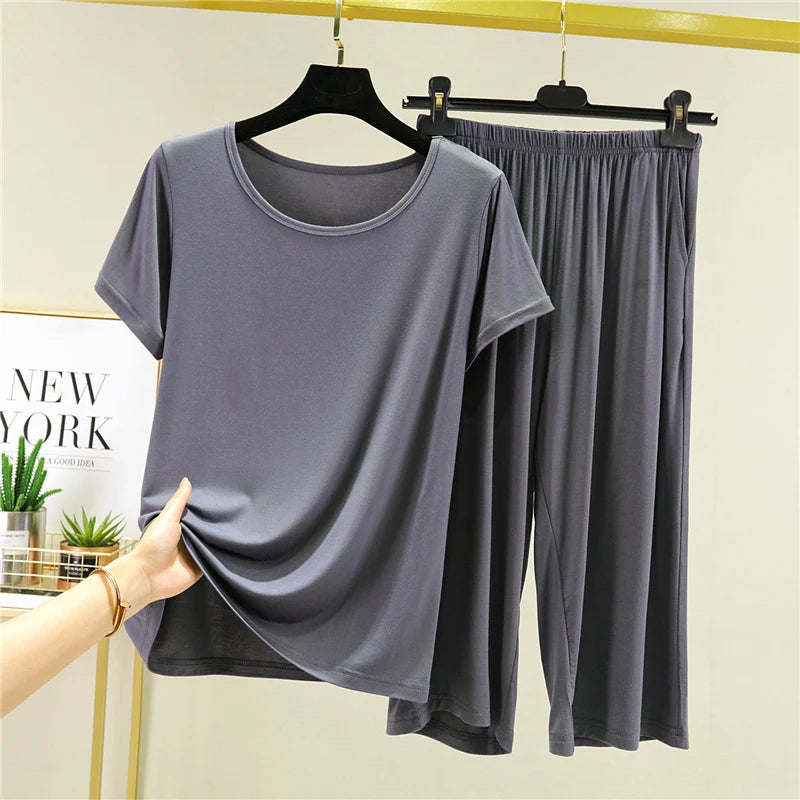 Summer Lightweight Modal Sleepwear Casual Loose Short Sleeve T-Shirt Women's Seven-Piece Pants Outdoor Large Size Leisure Set