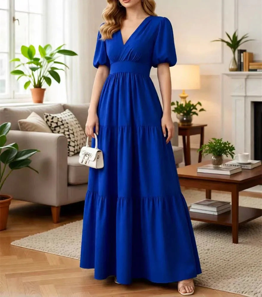 New Spring/Summer Fashion Casual Short Sleeve V-neck Solid Color Slim Fit Ankle Length Patchwork Fit And Flare Dress,2 Colors