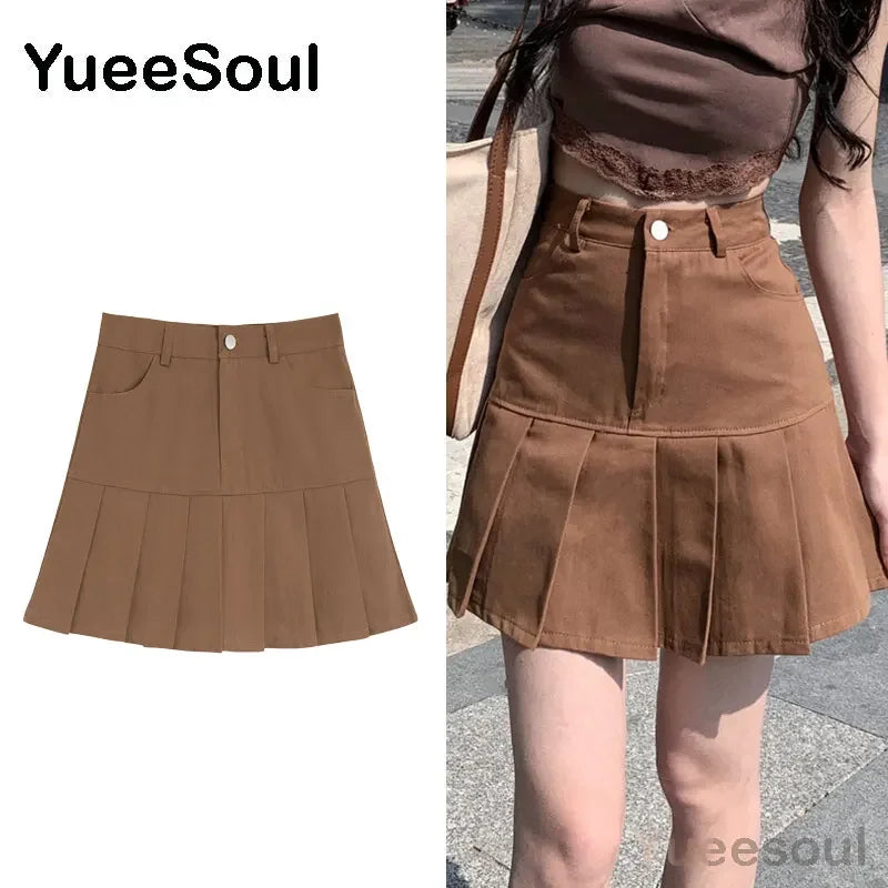 Brown Mini Skirts 2023 New Y2K Vintage High Waist Women Pleated Skirt Chic Sweet Cute Preppy Style Casual 90s E Girl Dance Skirt