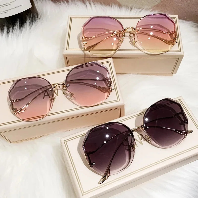 Rimless Sunglasses Polygon Fashion Popular Women Men Shades Big Frame Round Sun Glasses for Female Glasses Gradient Sunglasses