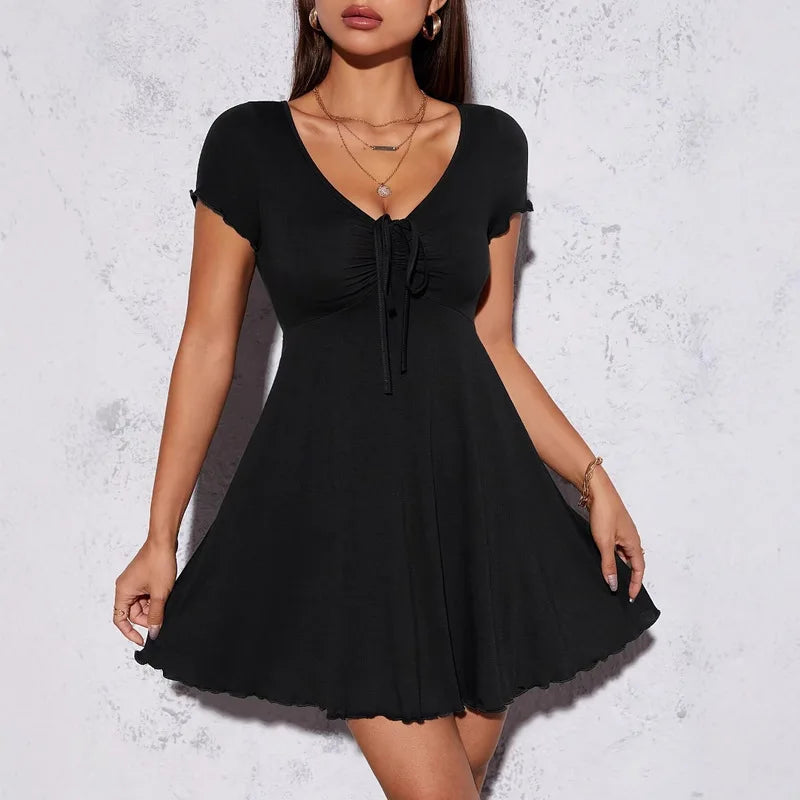 Summer Women V Neck Dress Pure Desire Style French Slim Fit Elegant Bowknot Waist Tied Casual Daily Party Dresses