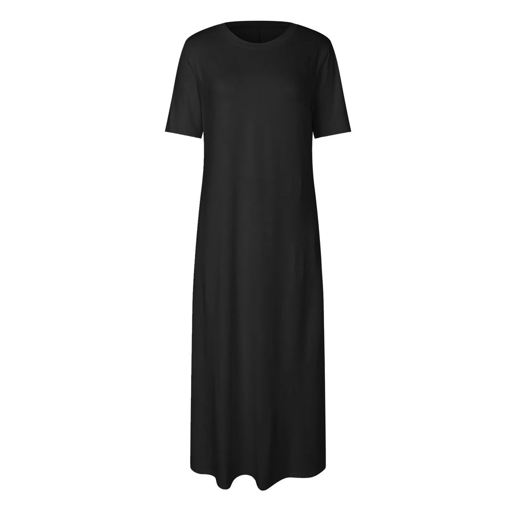 Women's Elegant Slim Fit Maxi Dresses Solid Short Sleeve O Neck With Pockets Ankle Length Dresses Casual Beach Holiday Dresses