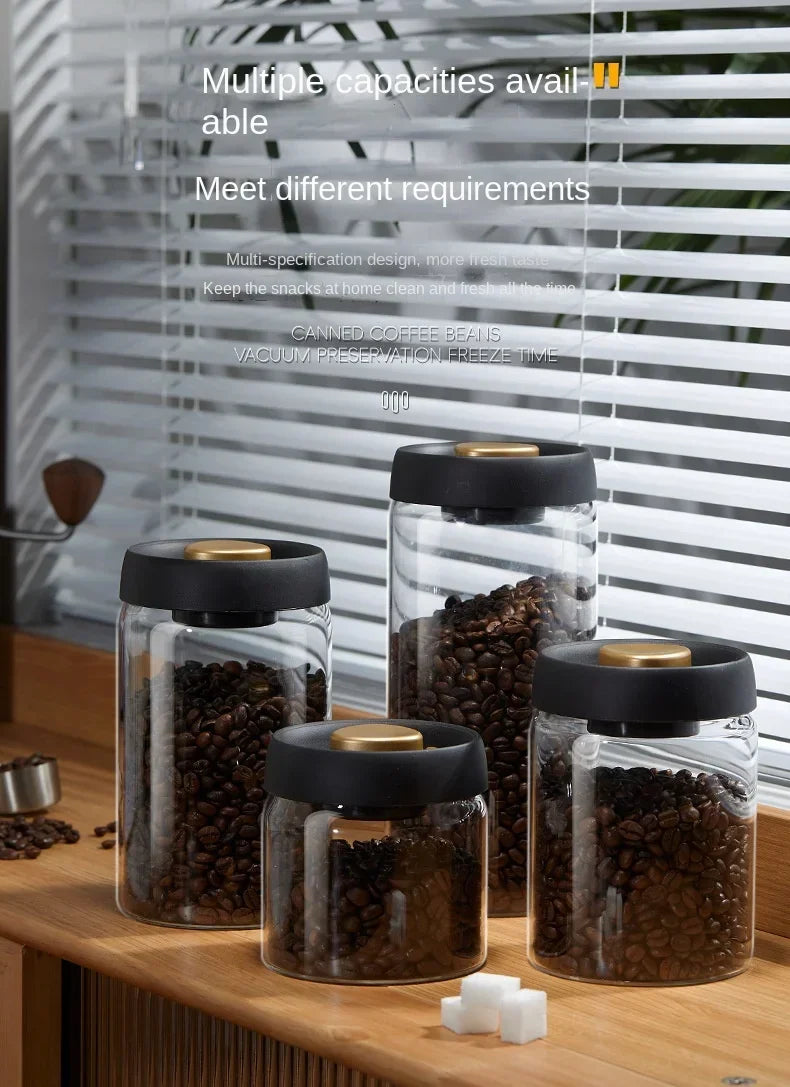 Cafetera de Tapa Negra de Múltiple Capacidad, Jarra de Almacenamiento Manual al Vacío a Prueba de Humedad, Tetera de Vidrio para Cocina, Bote Sellado para Granos de Café