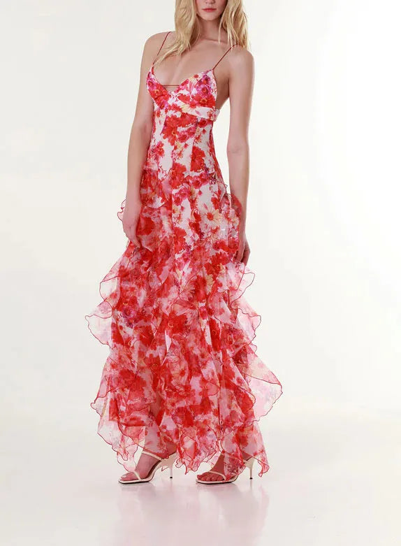 Elegant Boho Women's Summer Party Long Dress Sexy Floral Print Spaghetti Straps Backless Sleeveless Beach Sundress Maxi Dresses