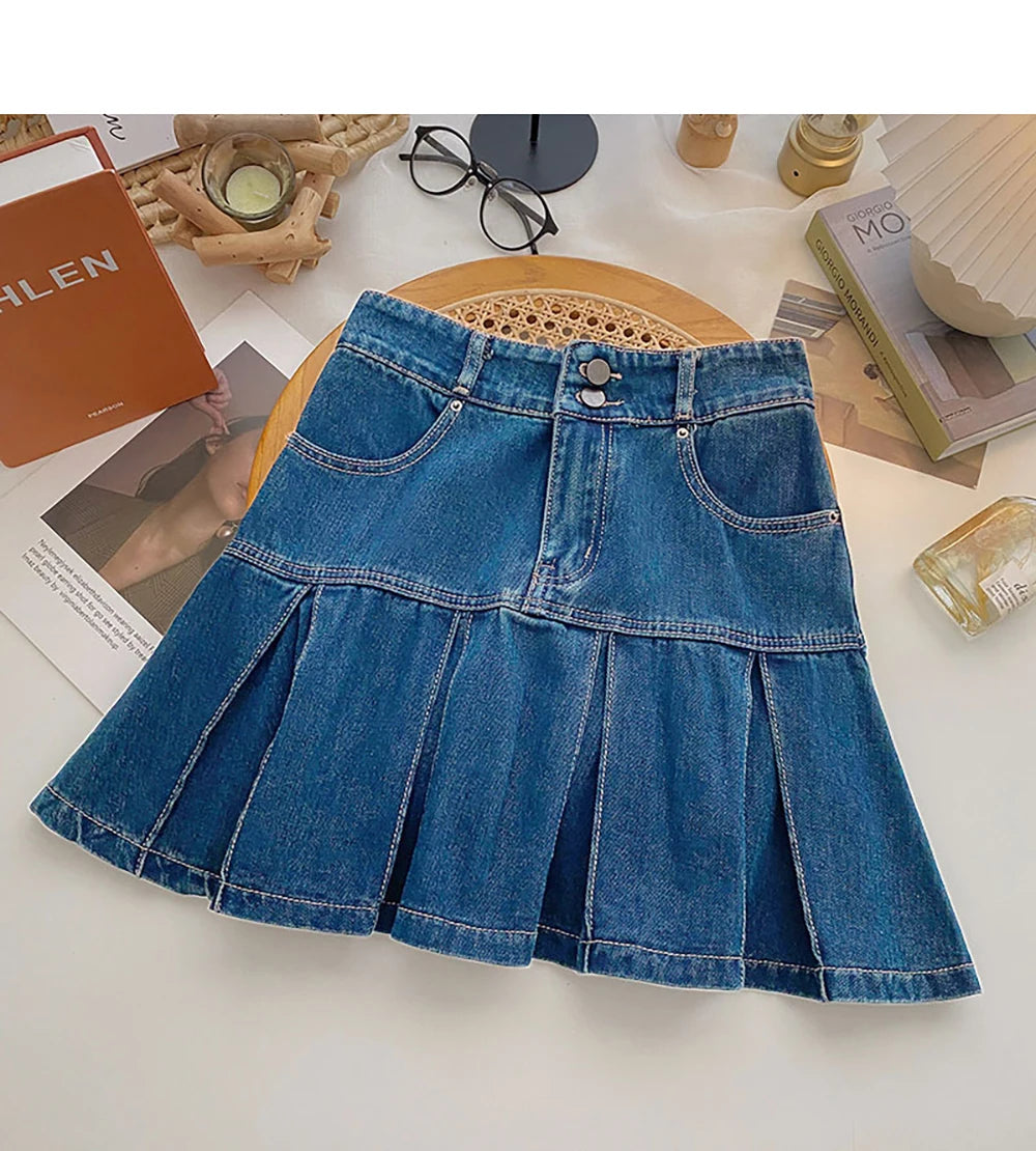 Women Pleated Denim Mini Skirt Summer High Waist Double Button Slim A-Line Skirts with Safety Shorts Y2K Style Party Wear Skirt