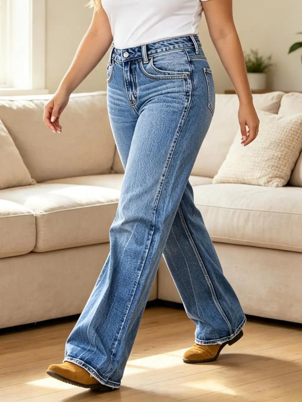 【HME】Jeans | Curvy‑Friendly High Waist Denim Pants Ladies, Retro Flare Wide‑Leg Denim Jeans With Natural Stone‑Wash Finish, Frayed Raw Hem, Stretch Comfort Pants, Classic Five‑Pocket Design For Weekend And Casual