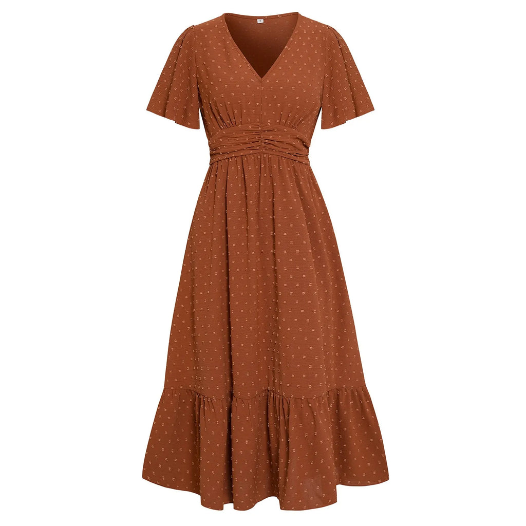 Women V-Neck Ruffle Hem Maxi Dress Solid Short Sleeve Flowy Long Dress Summer Elegant Beach Vacation Party Wedding Guest Outfit