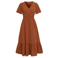 Women V-Neck Ruffle Hem Maxi Dress Solid Short Sleeve Flowy Long Dress Summer Elegant Beach Vacation Party Wedding Guest Outfit