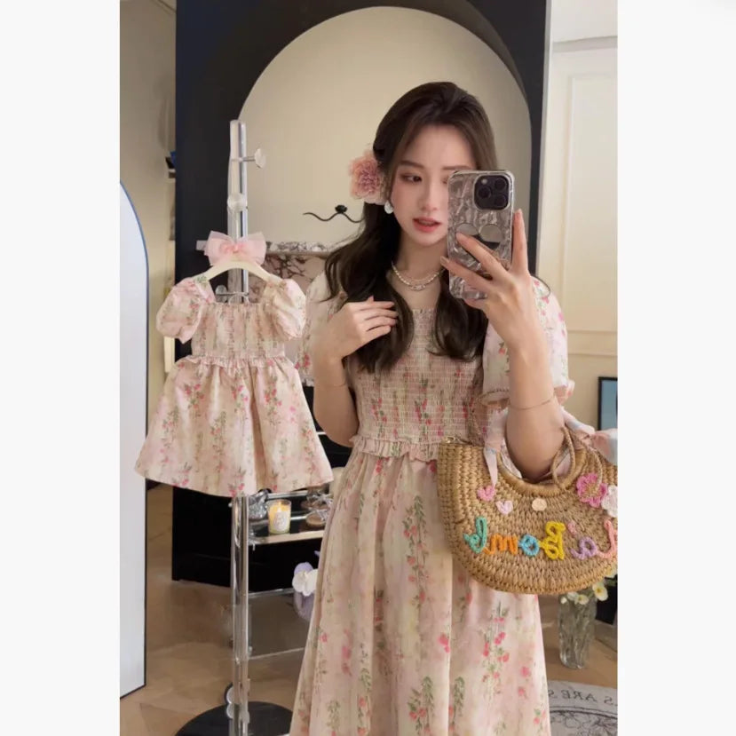 Parent-child Clothing Floral Dress Sweet Cute Children's Clothing Skirt Mother Same Mother-daughter Clothing Bubble Sleeve Skirt
