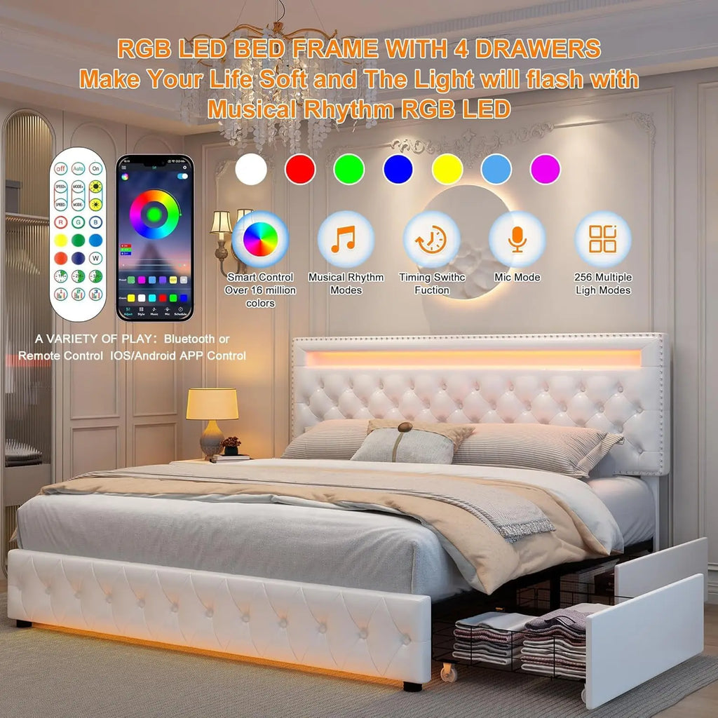 Bed Frame, Adjustable LED Headboard, Remote & App Control Lights,Plush Upholstered Platform with Silver Nailhead Trim,Customized