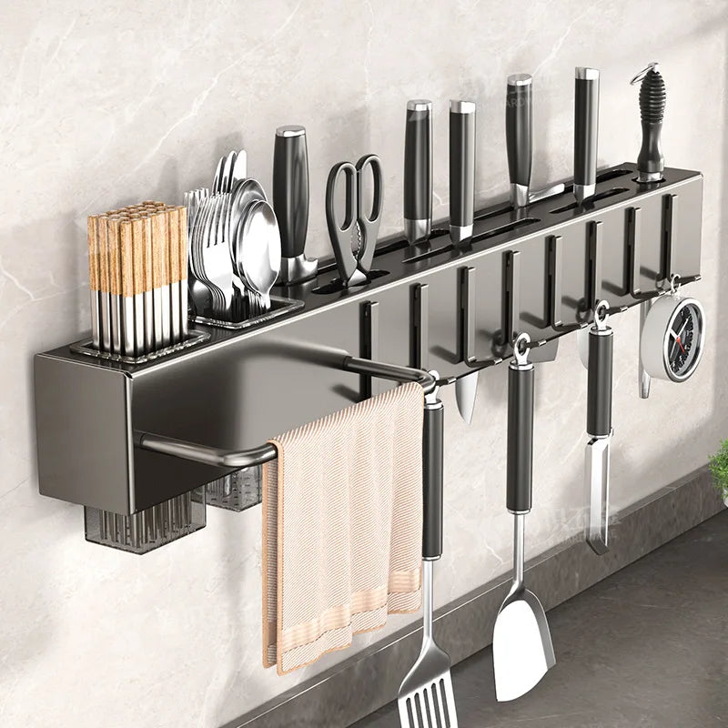 Wall Mounted Kitchen Knife and Chopstick Holder - Stainless Steel