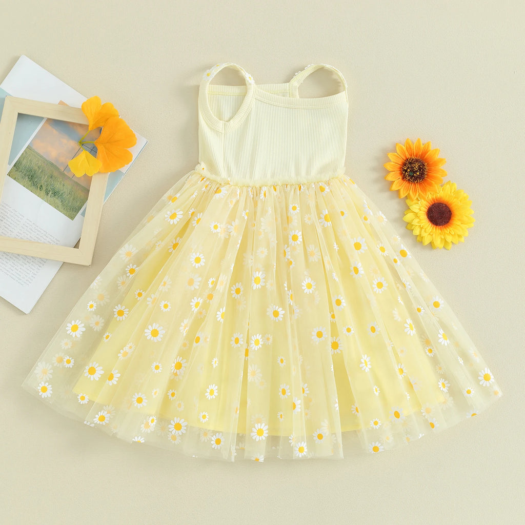 Baby Girls Daisy Mesh Patchwork Princess Dress A Line Sleeveless Lightweight Breathable Beach Party