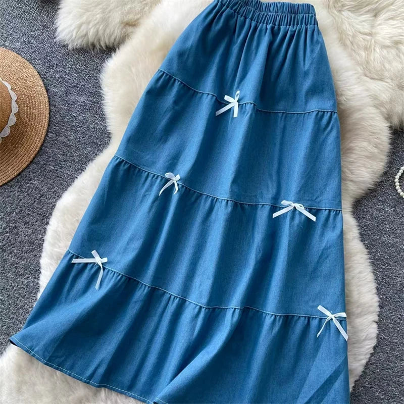 Karofi Vintage Cotton Layered Denim Skirt Women Elastic High Waist Bow Detail Flowy Long Casual A Line Long Midi Skirt