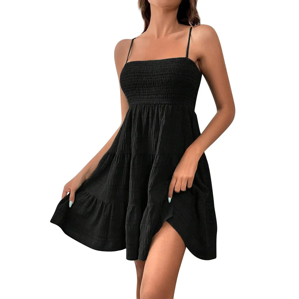 Bohemian Beach Sundress Women Sexy Sleeveless Backless Big Swing Mini Dress Solid Spaghetti Strap Ruffles Dress Summer Vestidos