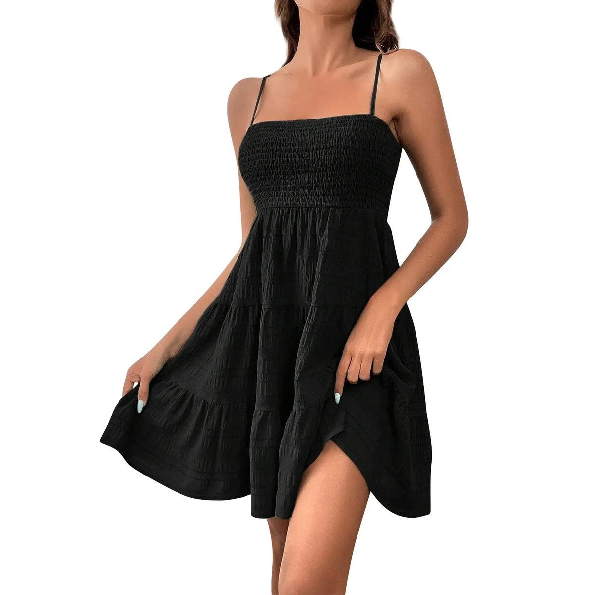 Bohemian Beach Sundress Women Sexy Sleeveless Backless Big Swing Mini Dress Solid Spaghetti Strap Ruffles Dress Summer Vestidos
