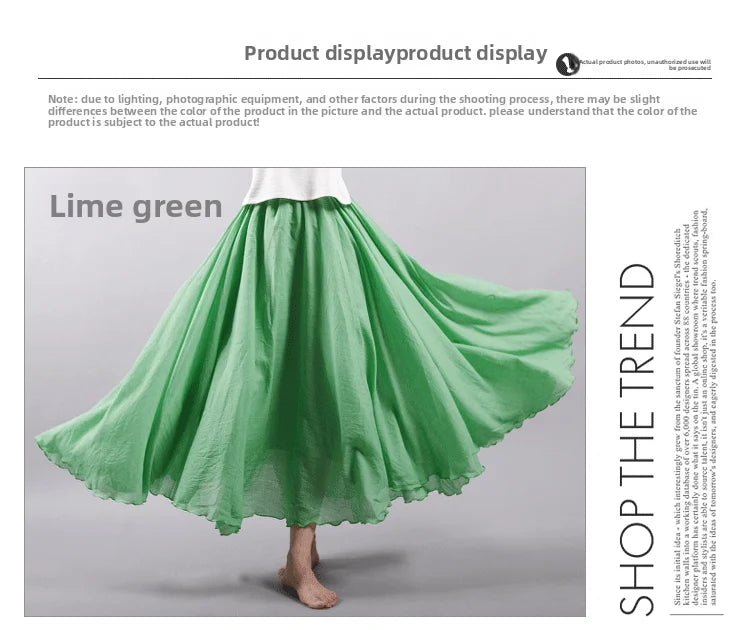 New In 2026 Spring Summer Woman Cotton Linen Midi Skirt Solid Color Loose Flared Pleated A-line Skirt Female Sweet Elegant Skirt