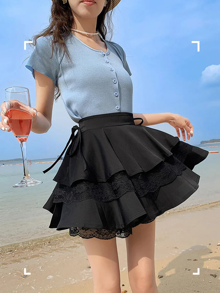 Women's Black Lace Patchwork Mini Cake Skirt - High Waist Y2k