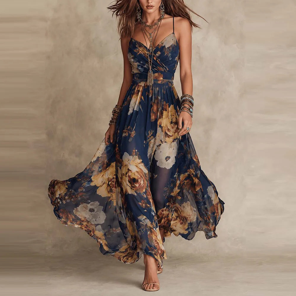 New Women Boho Floral Print Maxi Dress Elegant Spaghetti Strap V Neck Sleeveless Slim Waist A-Line Long Flowing Beach Sundress
