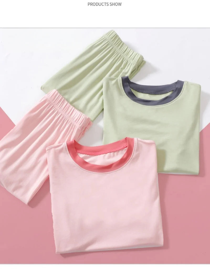 2026 Summer Thin Children Pajamas Contrast Color Soft Cooling Pajamas for Girls 10A Antibacterial Boys Sleepwear