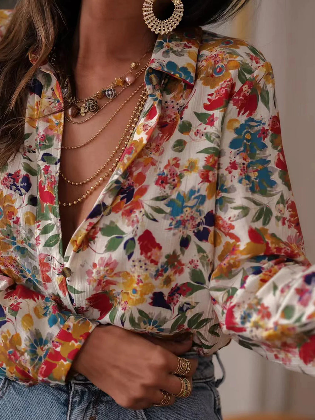 Women's Casual Printed Collar Shirt - Long Sleeve Loose Fit Top