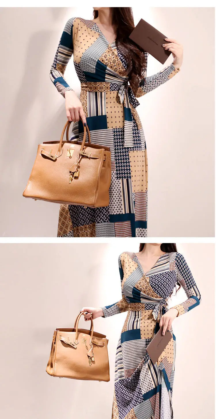Vintage Print V-neck Lace-Up Maxi Dress | Korean Slim Long Sleeve.