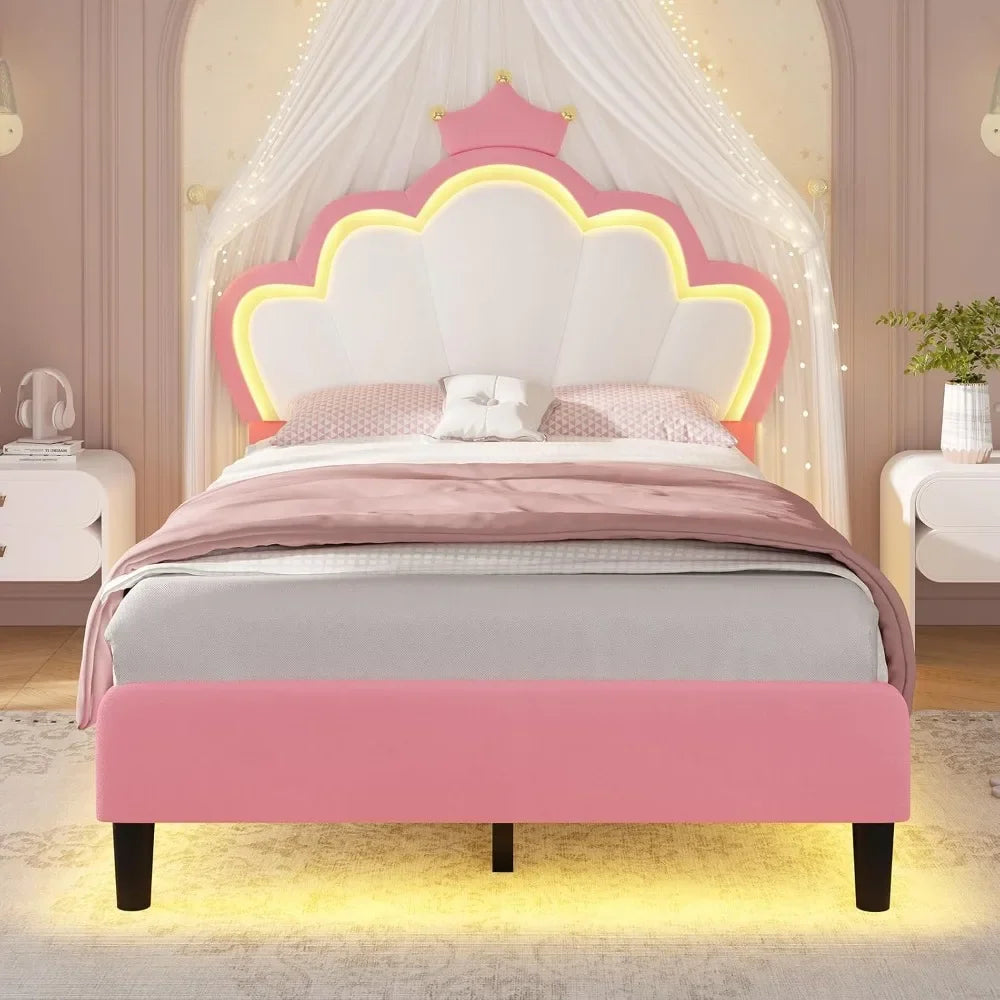Princess Twin Bed Frame with LED Lights, Adjustable Velvet Headboard, Pink Girls Platform Bed, Solid Wood Support