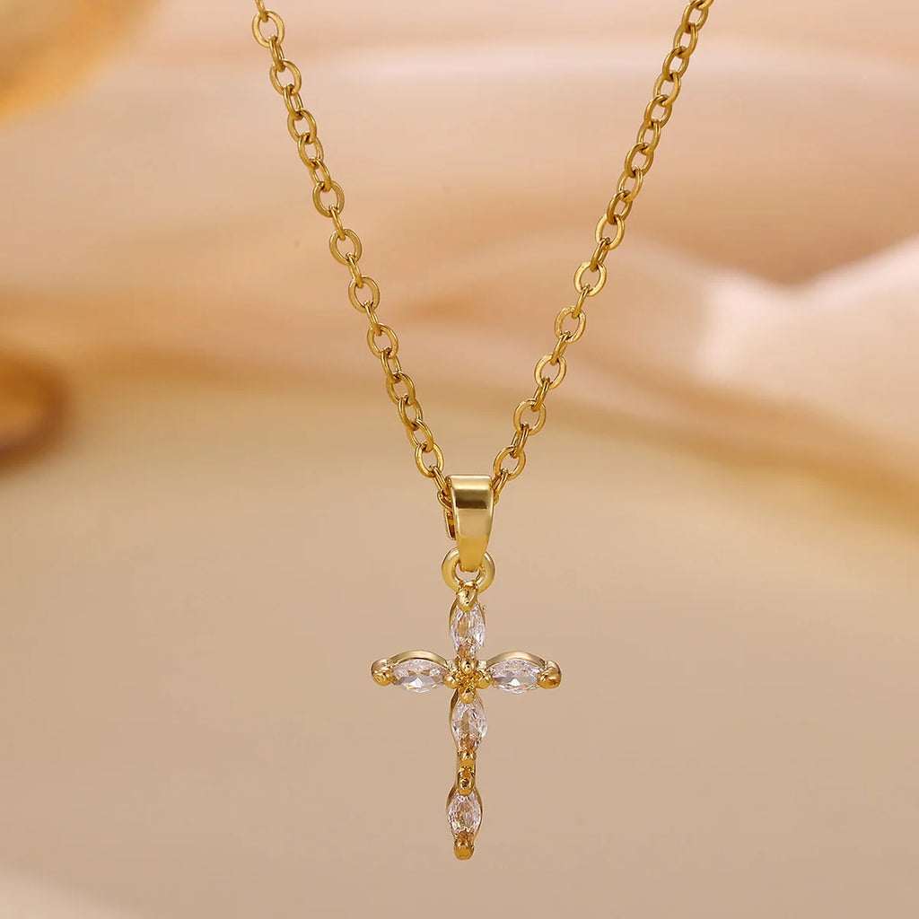 Colorful Shiny Cubic Zirconia Cross Pendant Necklaces For Women'S Gold Color Delicate Fashion Collar Jewelry