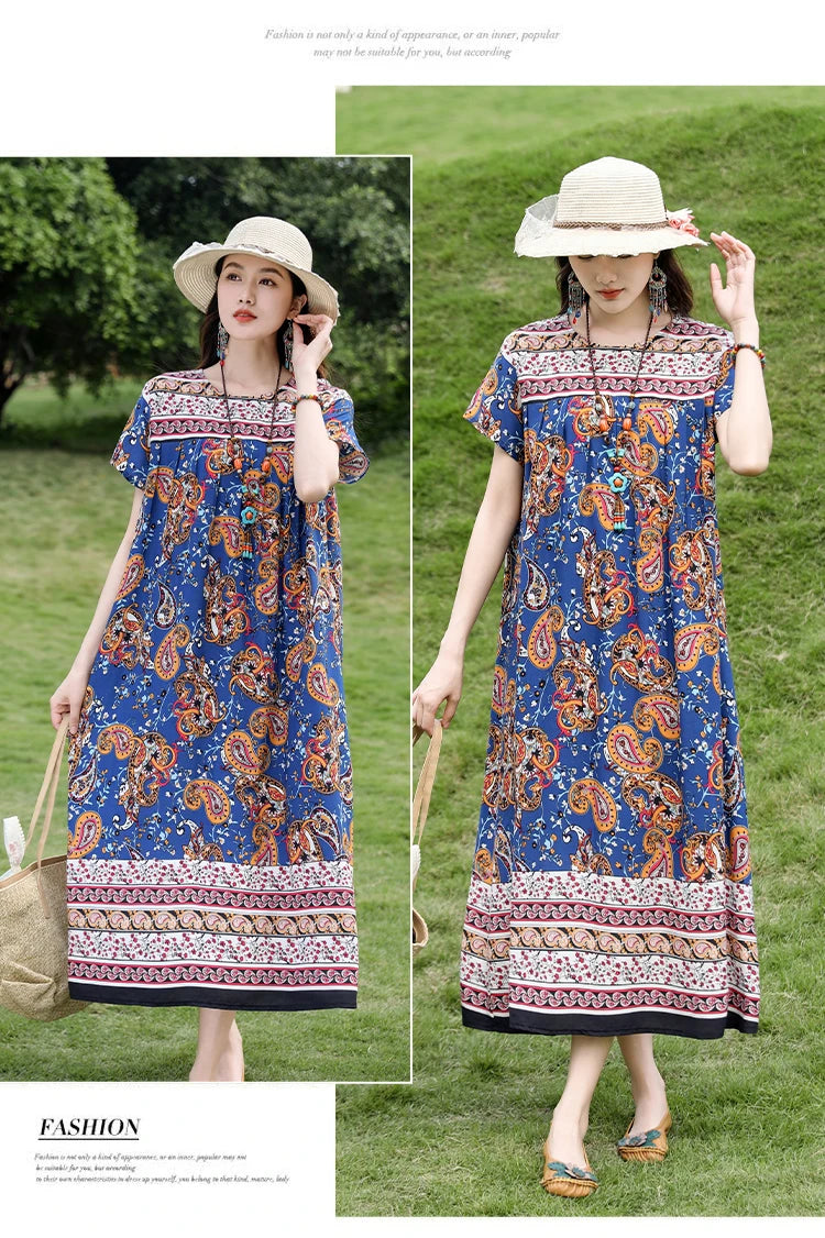 New Fashion Casual 2025 Summer Elegant Dresses For Women O-Neck Print Vintage Short Sleeve Dress Loose Women Clothing