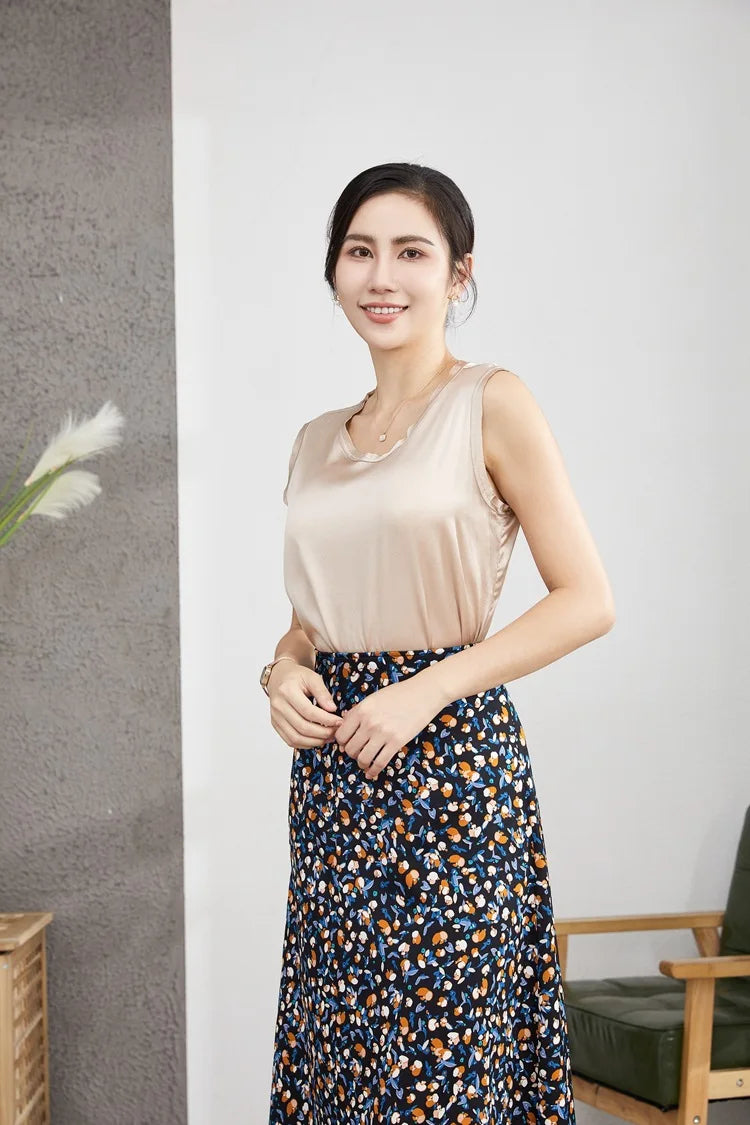 Heavy Silk Women's Sleeveless Top T-shirt Autumn Silk Top Silk Satin Bottom Top Solid Color T-shirts Satin Shirts for Women