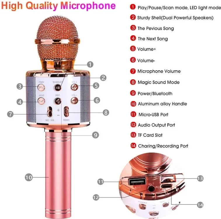 Kids Microphone for Singing, Wireless Bluetooth Karaoke Microphone for Adults, Toys for Girls Boys Gift for Birthday Party
