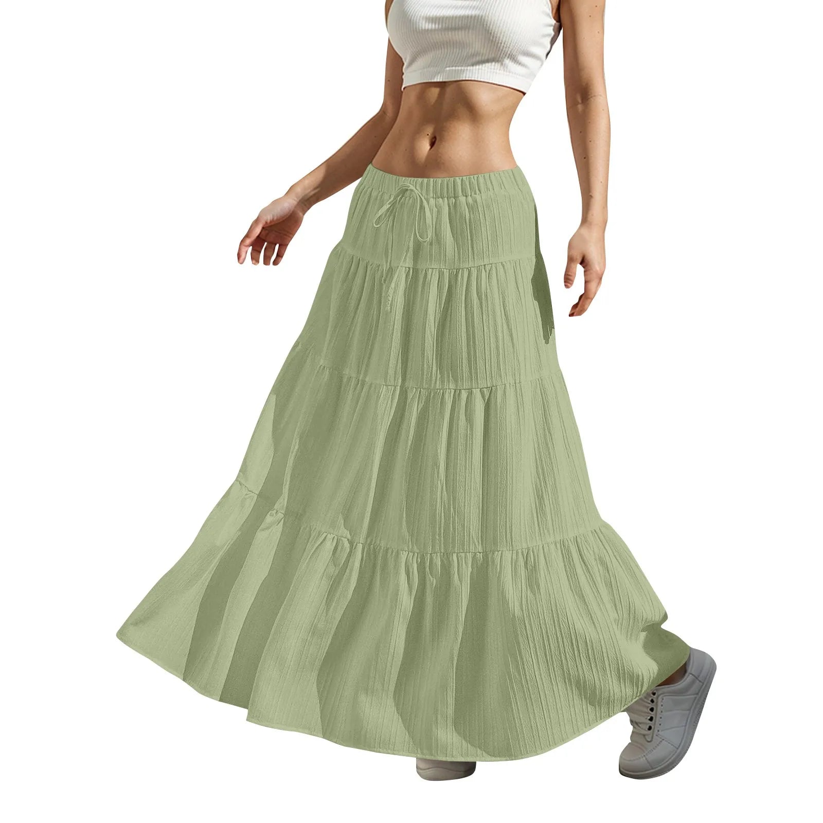 Women's Flared Ruffle Hem Maxi Skirt Fashion Women Solid Long Skirts Elastic Waist Elegant Long Skirt Spring Summer Cake Dress