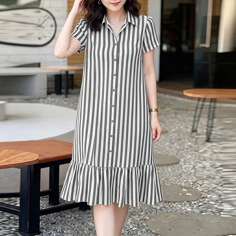 2026 Summer Striped Dress ZANZEA Women Elegant Work Dresses Short Sleeve Buttons Down Sundress Casual Holiday Knee Length Robe
