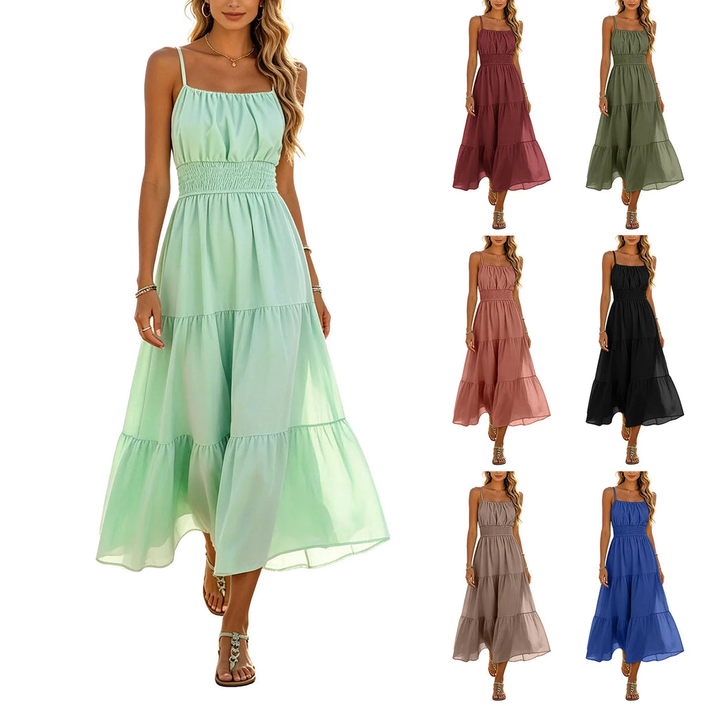 Casual Ruffle Dresses For Women Womens Solid Round Neck Short Sleeved Patchwork Long Skirt Is Fashionable And Vestidos Elegantes
