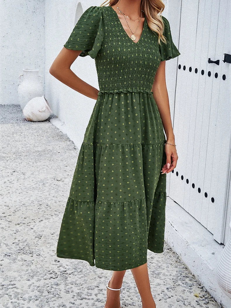 Summer Women's Casual Polka Dot Long Dress Vacation Boho Short Sleeve Solid V-neck Beach Sundress Elastic Waist Midi Dresses
