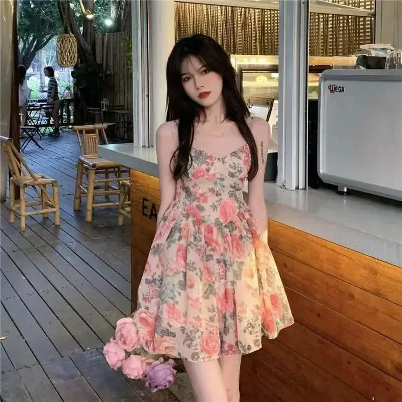 Nice Elegant High-waisted Slimming Floral Tank Dress For Women Spring Summer French Style Petite Mini Dress A- Line Sleeveless