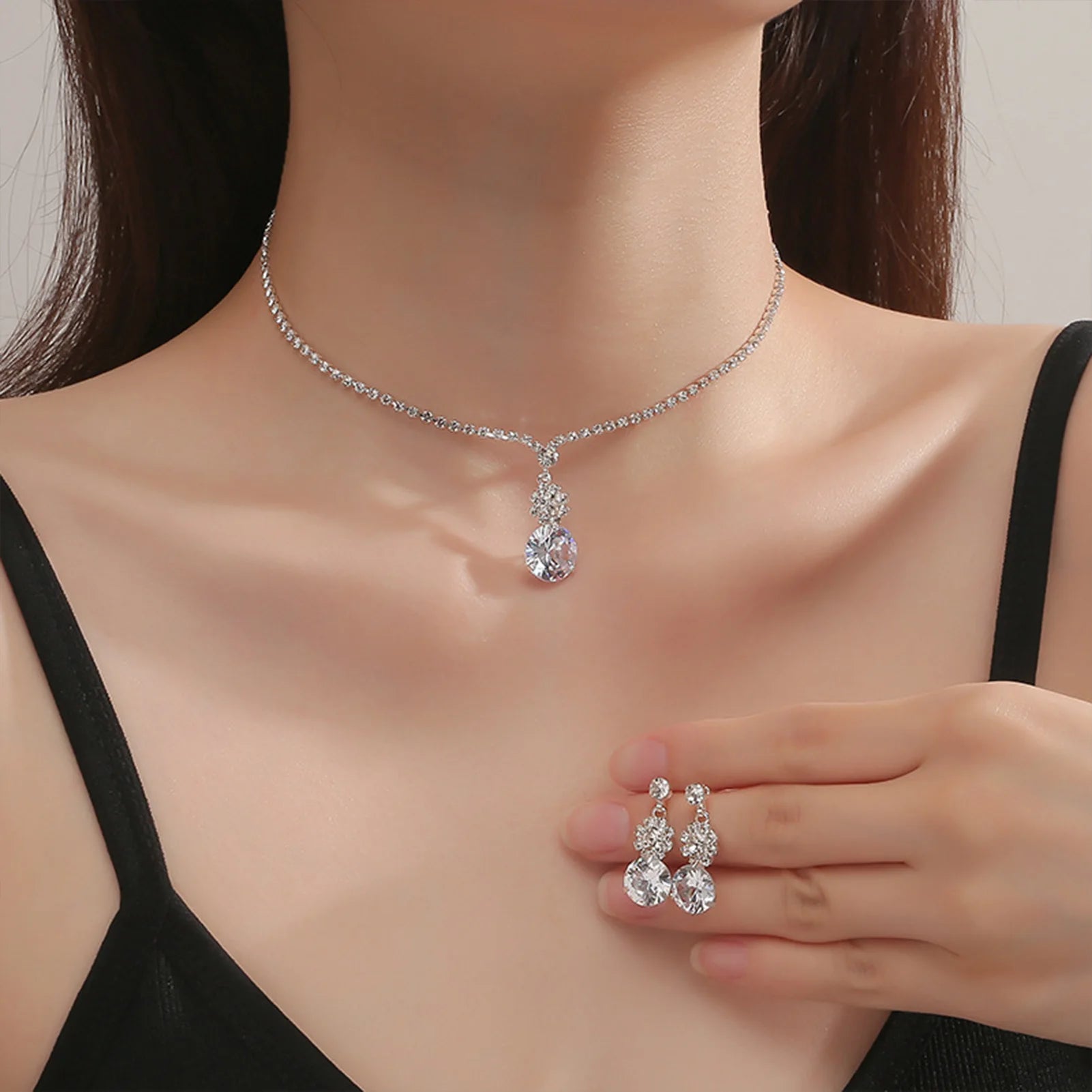 Women'S Fashion Necklace Earrings Set Rhinestone Wedding Accessories Bridal Lady Dangle Earring Pendant Elegant Jewellery Sets